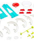 Thames and Kosmos Gumball Machine Maker toy parts set with teal tracks and purple components