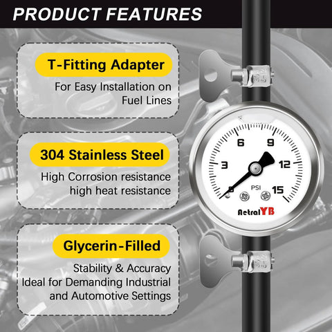 AetralYB fuel pressure test kit with glycerin-filled 1-1/2-inch dial gauge mounted on a fuel line