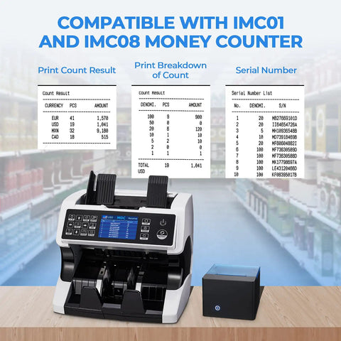 Thermal Printer For Mixed Denomination Money Counters, Plug In And Print Totals By Value And Quantity, compatible with IMC01 IMC08.