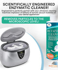 Mint Ultrasonic Retainer Cleaner Solution Concentrate for Ultrasonic Machines beside cleaning device with mouthguards inside.