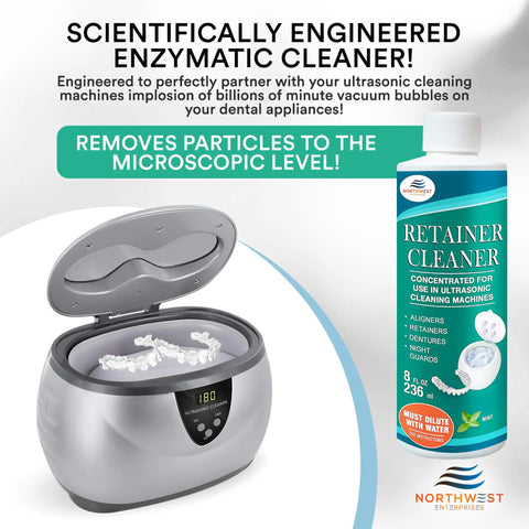 Mint Ultrasonic Retainer Cleaner Solution Concentrate for Ultrasonic Machines beside cleaning device with mouthguards inside.