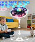 Child playing with UFO Hand Controlled Drone For Kids, Safe RC Toy With 7 LED Lighting Modes showing direction illustration indoors.