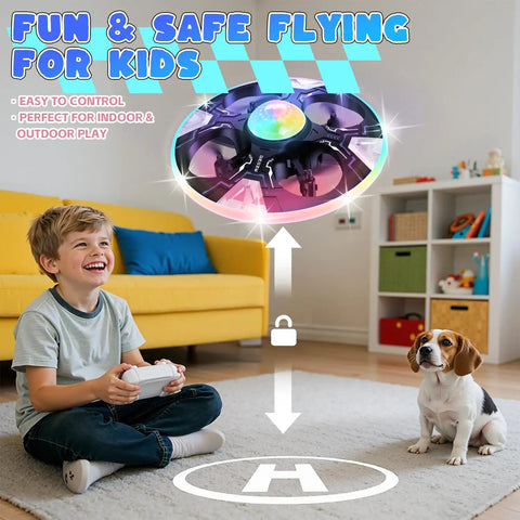 Child playing with UFO Hand Controlled Drone For Kids, Safe RC Toy With 7 LED Lighting Modes showing direction illustration indoors.