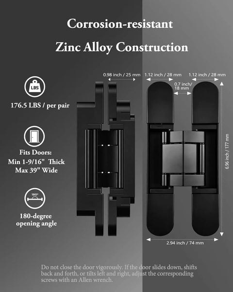 Heavy Duty 7 Inch Invisible Hidden Door Hinges Zinc Alloy Concealed Hinge System showing measurements and features.
