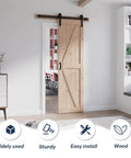 24 Inch By 84 Inch Sliding Barn Door With Hardware Kit Included Four Foot Solid Spruce Panel K Shape Wood Door For No Fuss DIY Assembly Rustic Farmhouse Style Interior Room Divider installed in a modern room.