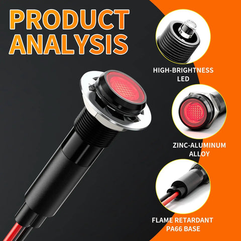 Product analysis of 8mm Metal Indicator Light Pack Of 5 110V 120V Red Pilot Lamps with black anodized housing and IP67 waterproof