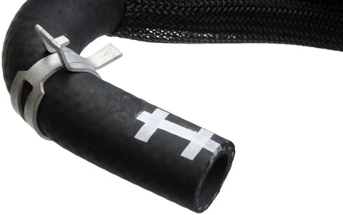 Close-up of Engine Heater Hose Assembly With Aluminum Y Connectors For Ford Rides showing reinforced rubber section and metal clamp.