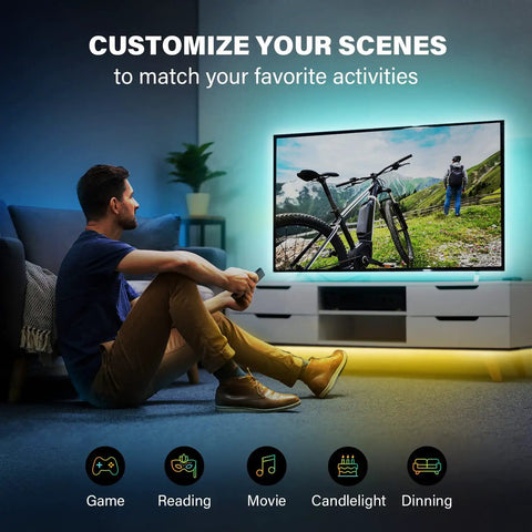 Man enjoying ambient lighting with Smart TV LED Backlights for 45-75 Inch TVs, showing bike scene on TV in cozy living room.