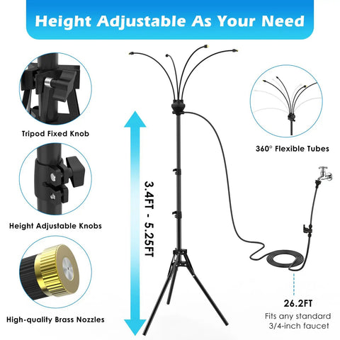 Outdoor Patio Misting System With 5.25 Ft Adjustable Stand And Four Nozzles, tripod and hose details, backyard cooling kit.