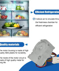 Refrigerator Evaporator Fan Motor Assembly For LG And Kenmore next to an open fridge showcasing fruits and veggies.