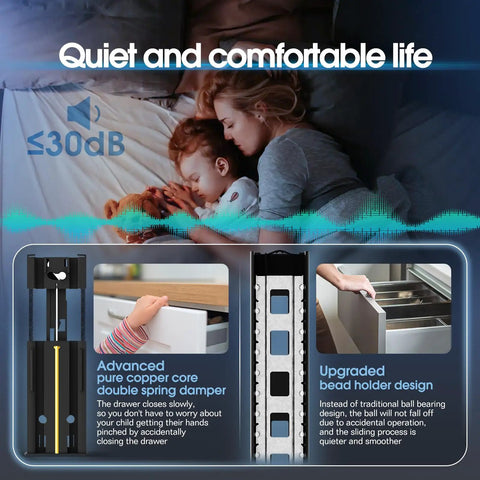 Top Shelf Soft Close Drawer Slides image showcasing quiet operation, 16 inch ball bearing tracks for smooth drawer movement.