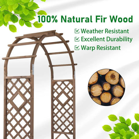 7Ft Wooden Garden Arch Wedding Backdrop Stand For Ceremony made of natural fir wood shown with texture and greenery background