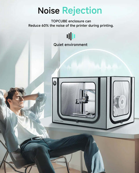 Stainless Steel Frame 3D Printer Enclosure For Bambu Lab A1 on desk, showing noise rejection feature with man relaxing nearby