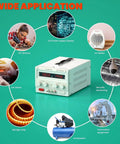 Bench Power Supply 0 To 30V 0 To 20A Variable DC Regulated Pro Grade Power Source surrounded by various application icons