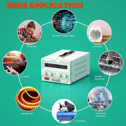 Bench Power Supply 0 To 30V 0 To 20A Variable DC Regulated Pro Grade Power Source surrounded by various application icons