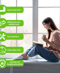 Woman sitting by window with product features like heavy-duty locks, sliding door locks, easy operation, child safety, security.