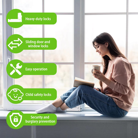 Woman sitting by window with product features like heavy-duty locks, sliding door locks, easy operation, child safety, security.