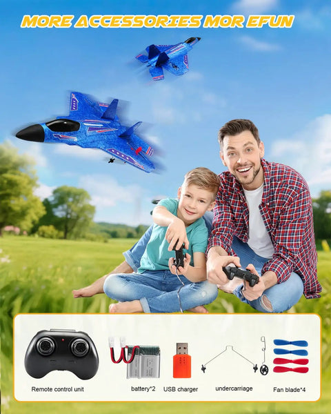 Father and son flying F22 RC Airplane Beginner Friendly Easy To Fly 2.4GHz Remote Control Fighter Jet With Gyro Stabilizer in a park