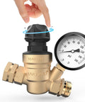 Front view of lead-free brass RV water pressure regulator with gauge and adjustable knob