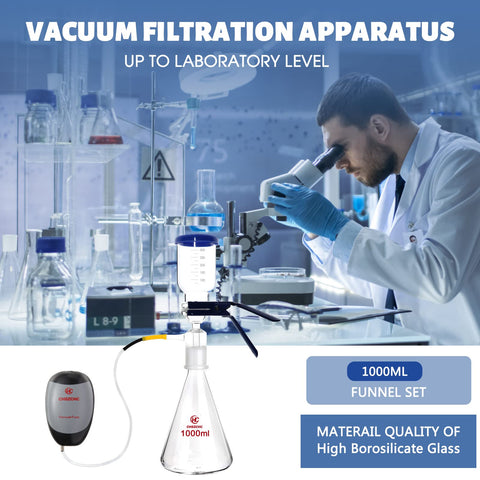 1000ml Glass Vacuum Filtration Rig with 300ml Graduated Funnel and durable borosilicate glass, in a lab setting
