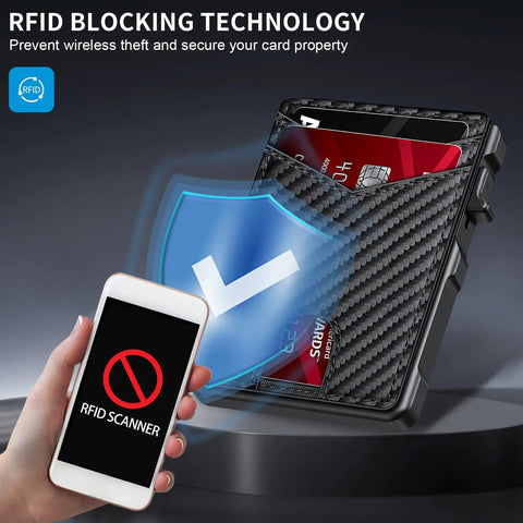 RFID blocking demonstration with Smart Wallet For Men With AirTag Slot And RFID Blocking Minimalist Pop Up Aluminum Bifold Card Holder