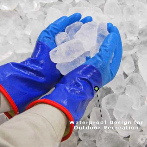 Hands wearing Temres 282 Waterproof Insulated Winter Work Gloves With Breathable Polyurethane Coating And Thermal Fleece Liner holding ice