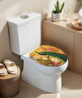 Elongated Peacock Flowing Tail Feathers Peonies Vintage Golden Toilet Seat on a white toilet in modern bathroom setting.