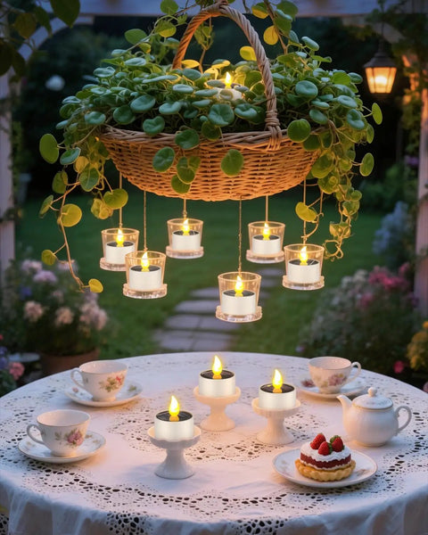 Outdoor table setting with Solar Powered Tea Lights Six Pack Flameless LED Candles on a lace cloth, surrounded by tea set.