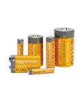 Heavy Duty 20 Count Aaa Alkaline Batteries Bring Serious Juice With Absolute Zero Leakage And A Ten Year Shelf Life To Fully Run Your Game Controllers Remotes Flashlights Toys And Emergency Gear All Day Long. Various sizes of alkaline batteries from Amazon Basics arranged together.