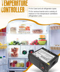 PJEZS0H100 Digital Refrigerator Temperature Controller With Sensor Probe 115V Thermostat That Fits Carel And All Fridges Precise Temp Regulation Easy Mounting Hardware And Setup Instructions, black digital unit on refrigerator display