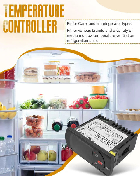 PJEZS0H100 Digital Refrigerator Temperature Controller With Sensor Probe 115V Thermostat That Fits Carel And All Fridges Precise Temp Regulation Easy Mounting Hardware And Setup Instructions, black digital unit on refrigerator display