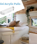 Living space in trailer with Ten Pcs Mini Acrylic Pull Handles 2 Inch Clear Hardware For Jewelry Boxes Wood Boxes And Craft Projects visible.