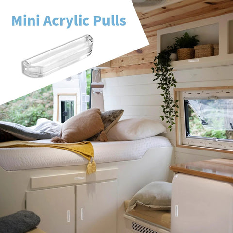 Living space in trailer with Ten Pcs Mini Acrylic Pull Handles 2 Inch Clear Hardware For Jewelry Boxes Wood Boxes And Craft Projects visible.