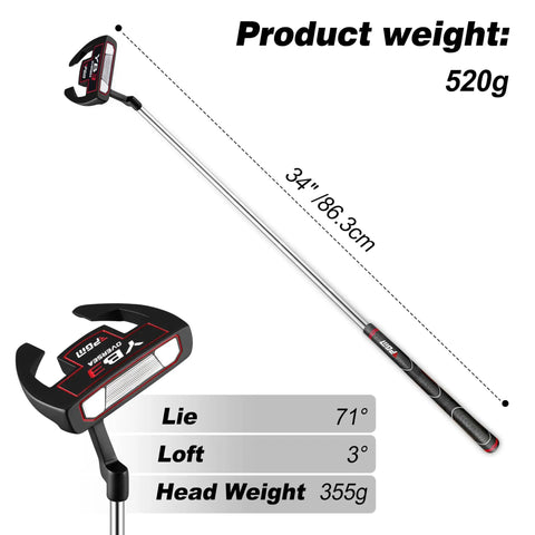 Unisex Right Hand Mallet Golf Putter With Anti Twist Design And Alignment Guide Stepped Shaft 34 Inches, black head, specifications shown