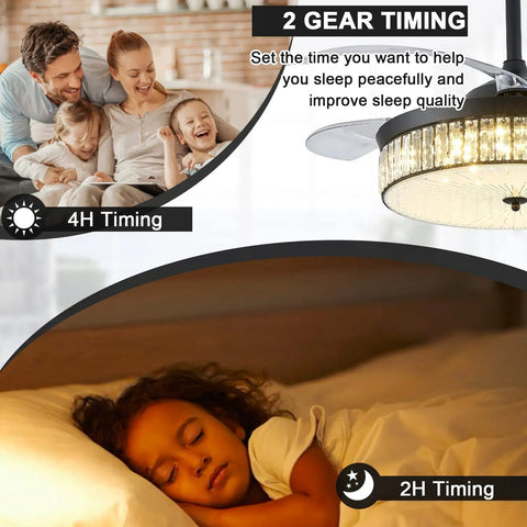 42 Inch Retractable Ceiling Fan Chandelier With Lights And Remote Crystal Fandelier With Retractable Blades for Bedroom