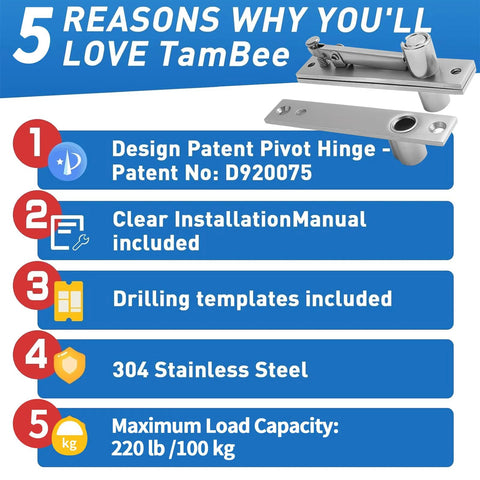 Heavy Duty Pivot Door Hinges For Wood Doors With 360 Degree Shaft Stainless Steel Pivot Hinge System For Hidden Doors And Bookshelf Bookcase Doors TamBee features and specifications.