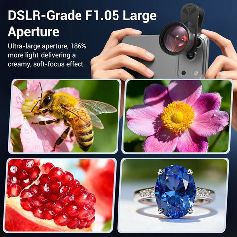 Hands holding smartphone with Macro Lens Kit For Smartphones With CPL Filter and HD Macro Lens Clip On Universal Phone Attachment