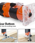 Router Tool 6.5 Amp Wood Router With One And A Quarter HP 30000 RPM Built For Woodworking shown with transparent base and edge guide