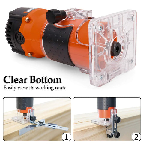 Router Tool 6.5 Amp Wood Router With One And A Quarter HP 30000 RPM Built For Woodworking shown with transparent base and edge guide