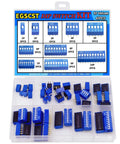 Dip Switch Assortment Kit 41 Pieces With 10 Values Blue Double Row Dip Switches in box with labeled sections