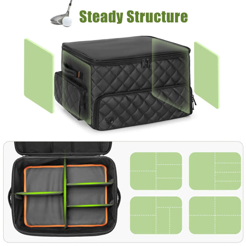 Two Layer Golf Trunk Organizer For Cars, quilted black with ventilated compartment for two pairs shoes, interior dividers view