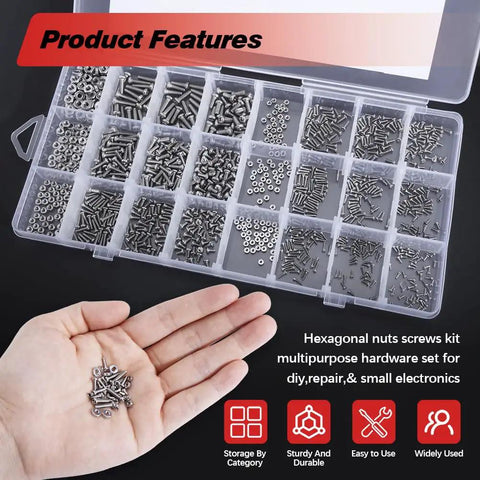 1110 Pcs Micro Screw And Nuts Kit Stainless Steel Phillips Screws M1 For Electronics Watches Glasses And DIY Repairs Handy For Tiny Fasteners And Precise Tinkering, organized in plastic case