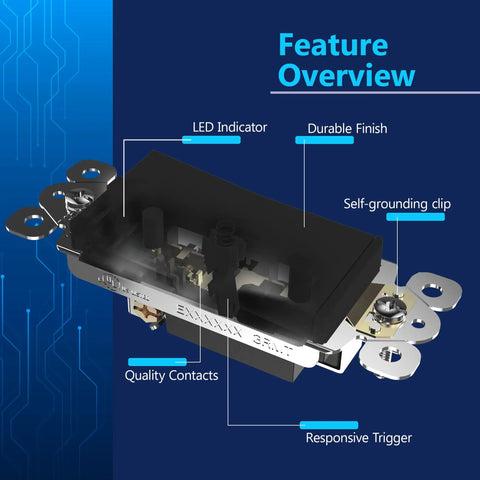 Lighted Decorator Paddle Switch For Easy On Off, 1 Pole, 15A, 277VAC, Matte Finish That Plays Nice With Decorator Wall Plates From Various Brands, Modern Look And Smooth, Quiet Operation. feature overview cutaway with LED indicator and self-grounding clip
