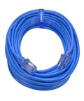 Blue 100 Ft Outdoor Extension Cord SJTW 14/3 With 3 Prong Grounded Plug And Power Indicator Light coiled view