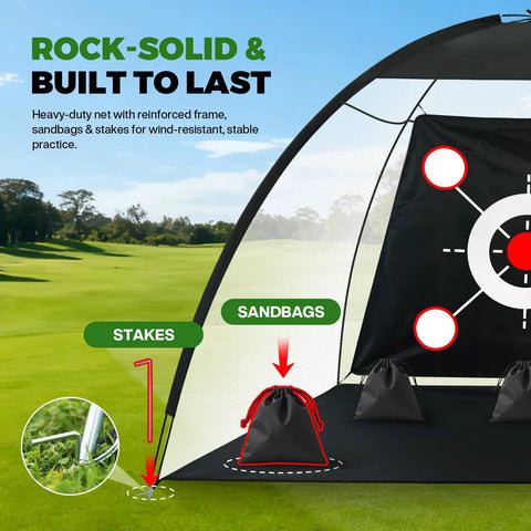 All In One Golf Practice Net Set 10 By 7 Foot With Tri Turf Mat, Five Balls, Target Pockets, Carry Bag for Backyard Setup