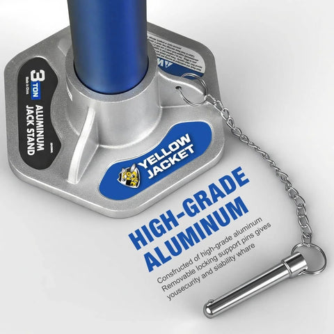 3 Ton Aluminum Jack Stands With Locking Pins For Cars, SUVs And Light Duty Trucks, Lightweight Blue And Silver base close-up