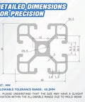Black 500mm T Slot Aluminum Profile Kit with detailed dimensions for precision, showing cross-sectional measurements.