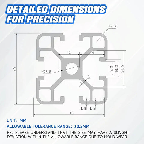 Black 500mm T Slot Aluminum Profile Kit with detailed dimensions for precision, showing cross-sectional measurements.