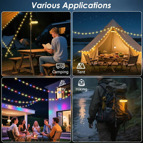 2 Pack Camping String Lights 4 In 1 Camp Light With 8 Modes And 32.8 Feet Hanging Tent Lights Rechargeable Waterproof LED Lantern applications