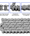 Close-up of 415H roller chain made of 40Mn carbon steel showing great durability for 49cc to 80cc dirt bikes and small motorcycles.
